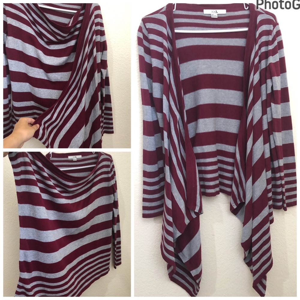 FOREVER 21 XXI Juniors S Stripe Red Gray Open Front Flowy Sweater Cardigan NWOT